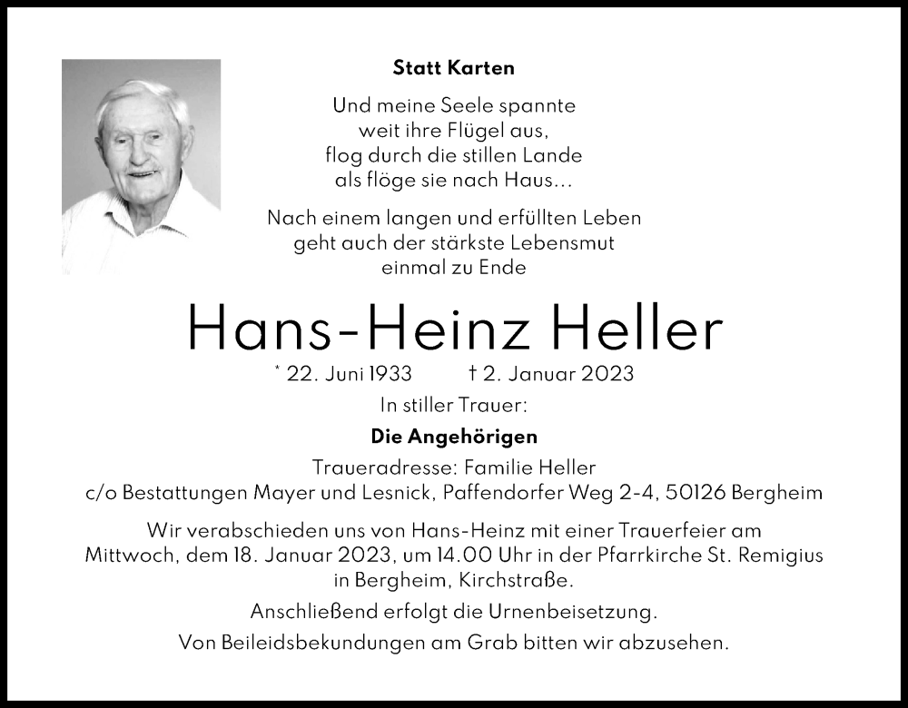  Traueranzeige für Hans-Heinz Heller vom 14.01.2023 aus Kölner Stadt-Anzeiger / Kölnische Rundschau / Express