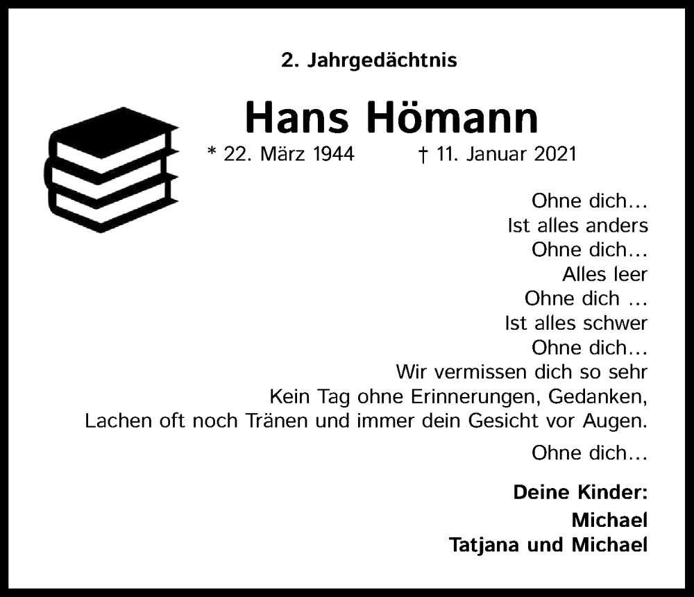  Traueranzeige für Hans Hömann vom 11.01.2023 aus Kölner Stadt-Anzeiger / Kölnische Rundschau / Express