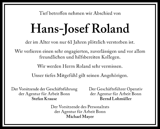 Anzeige von Hans-Josef Roland von Kölner Stadt-Anzeiger / Kölnische Rundschau / Express