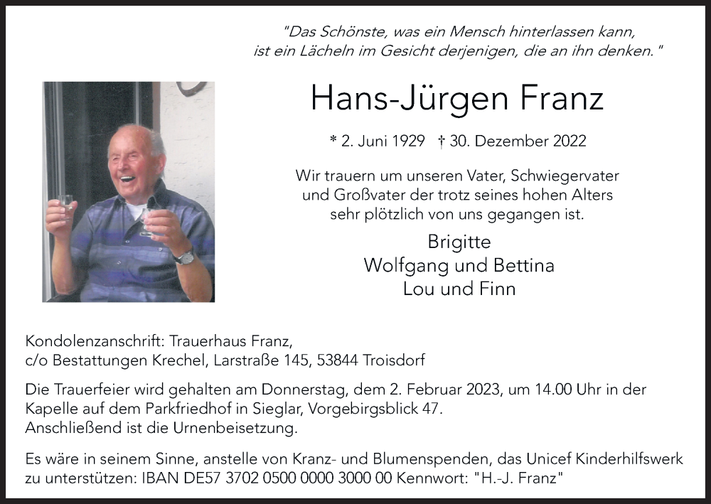  Traueranzeige für Hans-Jürgen Franz vom 07.01.2023 aus Kölner Stadt-Anzeiger / Kölnische Rundschau / Express