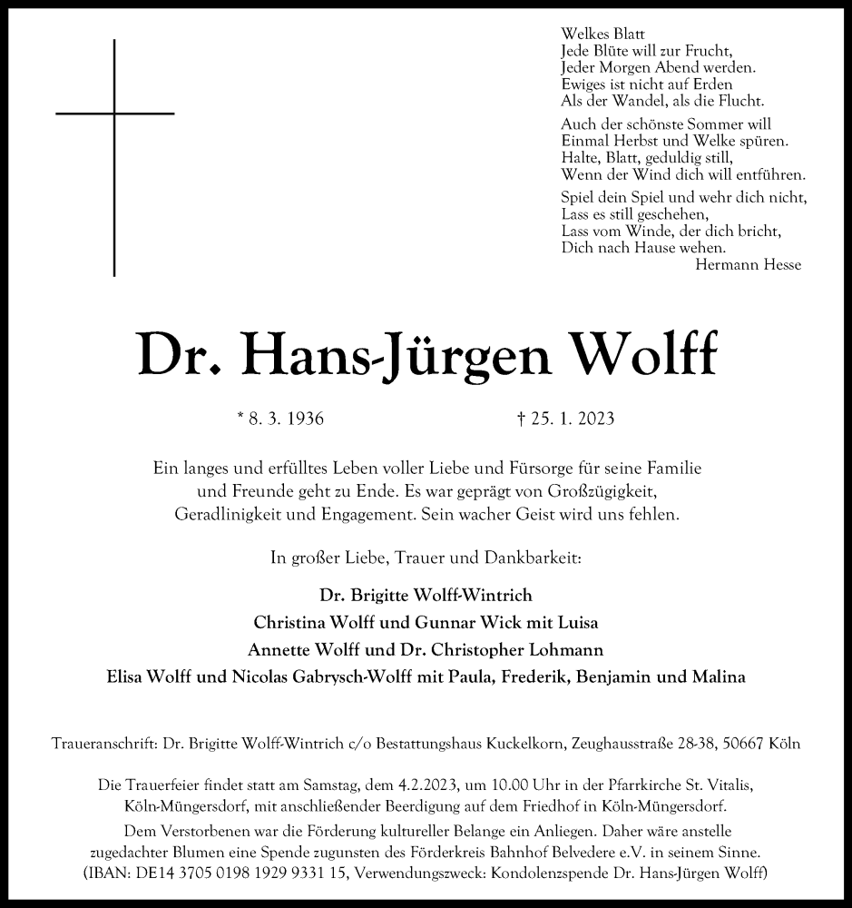  Traueranzeige für Hans-Jürgen Wolff vom 28.01.2023 aus Kölner Stadt-Anzeiger / Kölnische Rundschau / Express