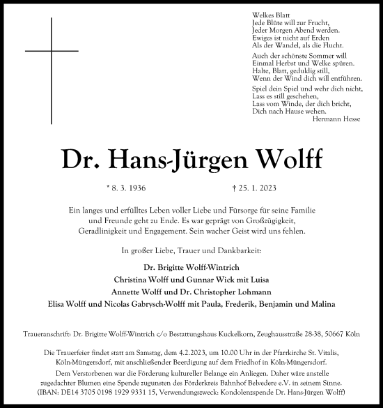 Anzeige von Hans-Jürgen Wolff von Kölner Stadt-Anzeiger / Kölnische Rundschau / Express