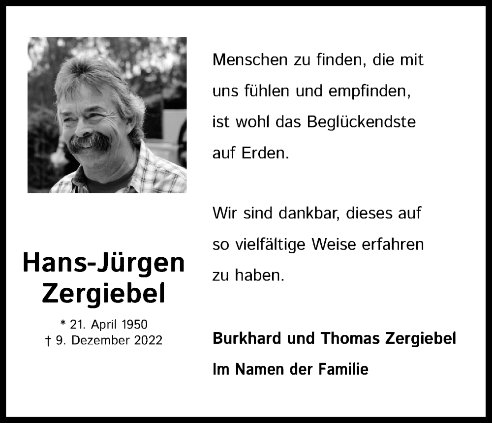  Traueranzeige für Hans-Jürgen Zergiebel vom 21.01.2023 aus Kölner Stadt-Anzeiger / Kölnische Rundschau / Express