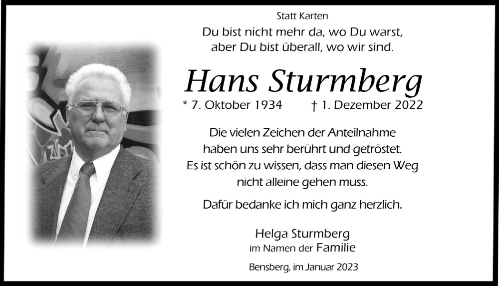  Traueranzeige für Hans Sturmberg vom 20.01.2023 aus  Bergisches Handelsblatt 
