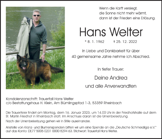 Anzeige von Hans Welter von  Schaufenster/Blickpunkt 