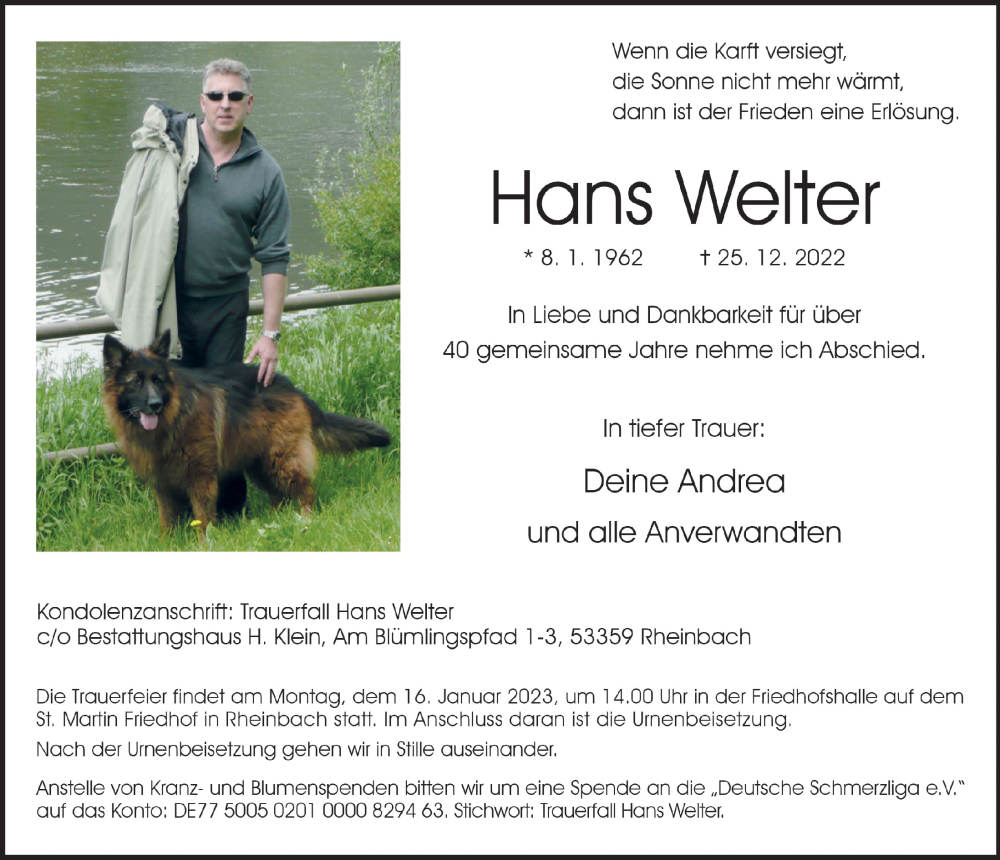  Traueranzeige für Hans Welter vom 06.01.2023 aus  Schaufenster/Blickpunkt 