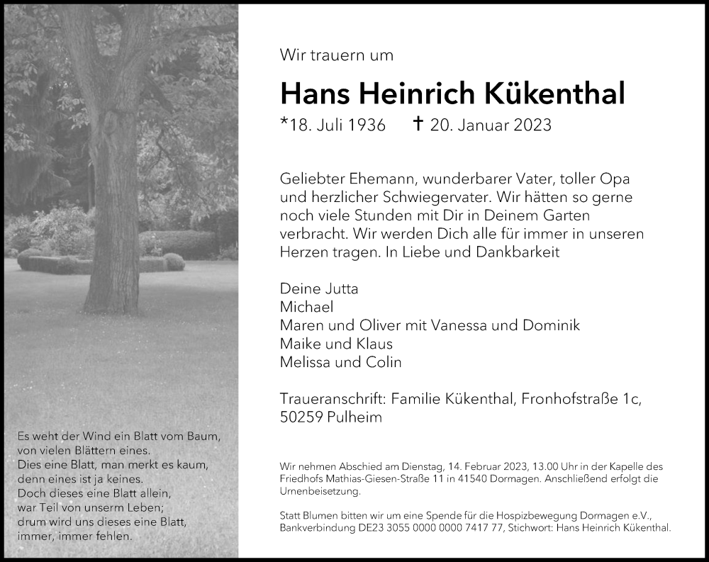  Traueranzeige für Hans Heinrich Kükenthal vom 28.01.2023 aus Kölner Stadt-Anzeiger / Kölnische Rundschau / Express
