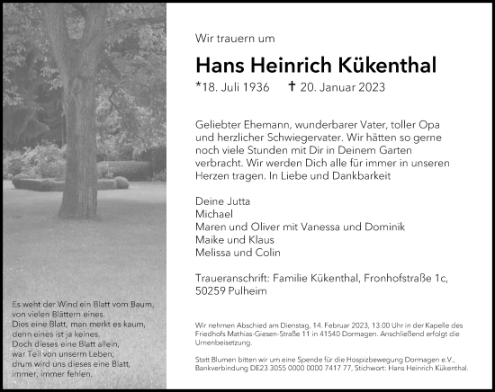 Anzeige von Hans Heinrich Kükenthal von Kölner Stadt-Anzeiger / Kölnische Rundschau / Express