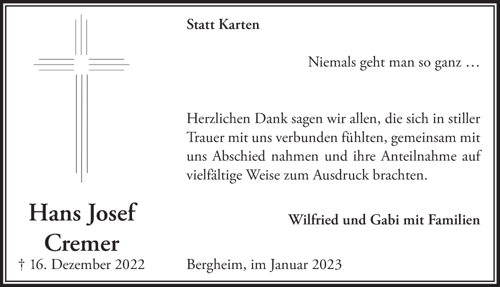  Traueranzeige für Hans Josef Cremer vom 13.01.2023 aus  Werbepost 