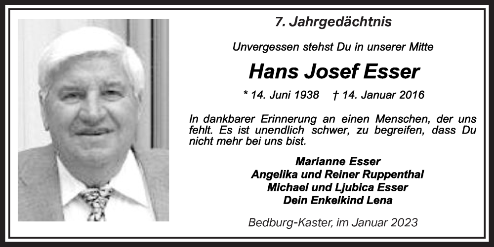  Traueranzeige für Hans Josef Esser vom 13.01.2023 aus  Werbepost 