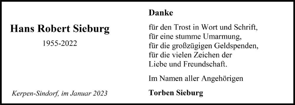  Traueranzeige für Hans Robert Sieburg vom 27.01.2023 aus  Werbepost 