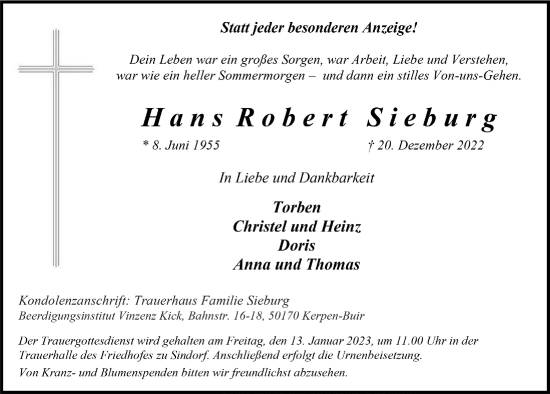 Anzeige von Hans Robert Sieburg von  Werbepost 