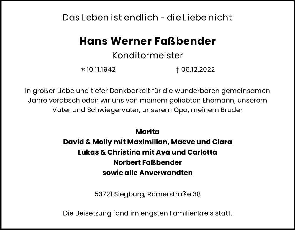  Traueranzeige für Hans Werner Faßbender vom 07.01.2023 aus Kölner Stadt-Anzeiger / Kölnische Rundschau / Express