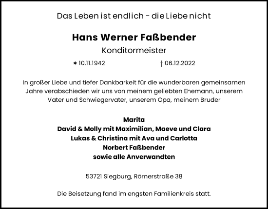 Anzeige von Hans Werner Faßbender von Kölner Stadt-Anzeiger / Kölnische Rundschau / Express