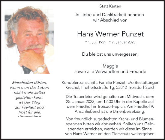 Anzeige von Hans Werner Punzet von Kölner Stadt-Anzeiger / Kölnische Rundschau / Express