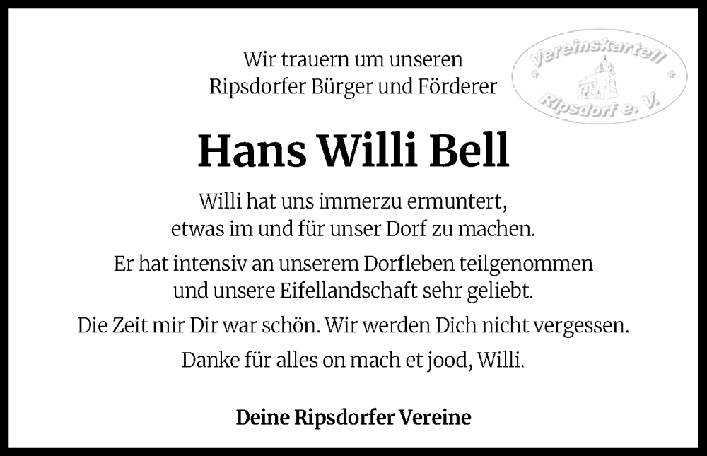  Traueranzeige für Hans Willi Bell vom 27.01.2023 aus Kölner Stadt-Anzeiger / Kölnische Rundschau / Express