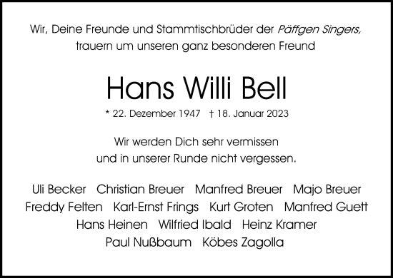 Anzeige von Hans Willi Bell von Kölner Stadt-Anzeiger / Kölnische Rundschau / Express