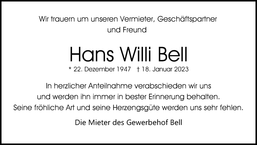  Traueranzeige für Hans Willi Bell vom 25.01.2023 aus Kölner Stadt-Anzeiger / Kölnische Rundschau / Express