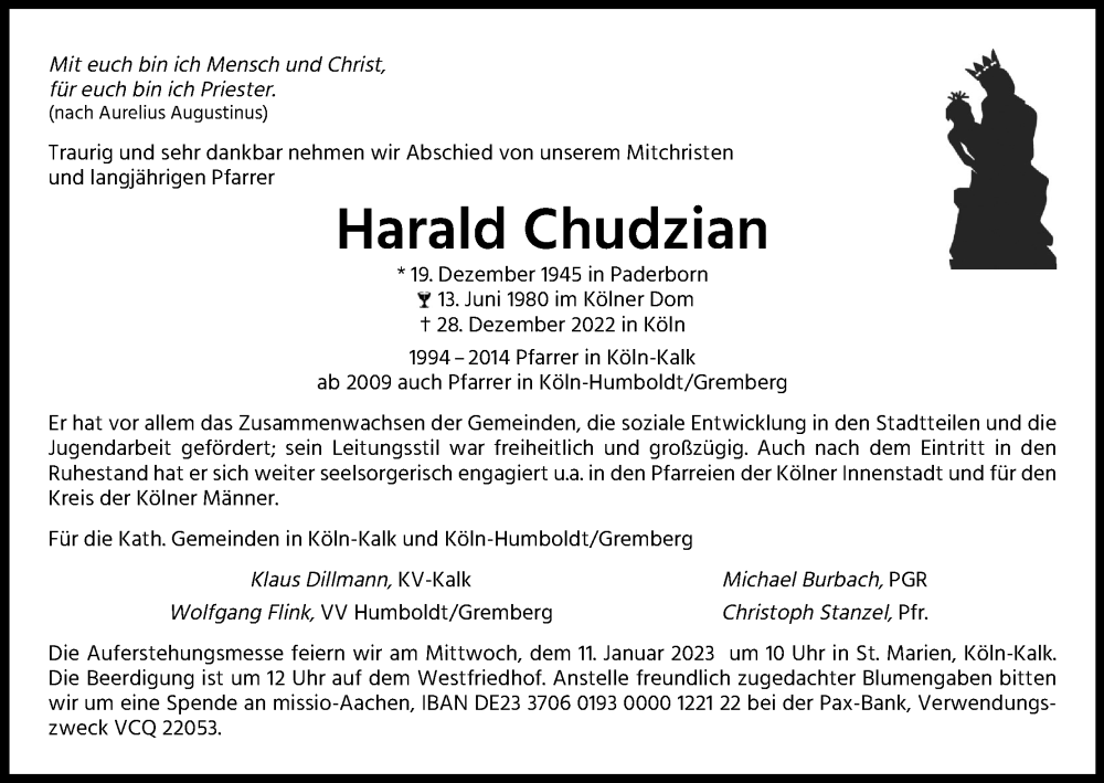 Traueranzeige für Harald Chudzian vom 07.01.2023 aus Kölner Stadt-Anzeiger / Kölnische Rundschau / Express