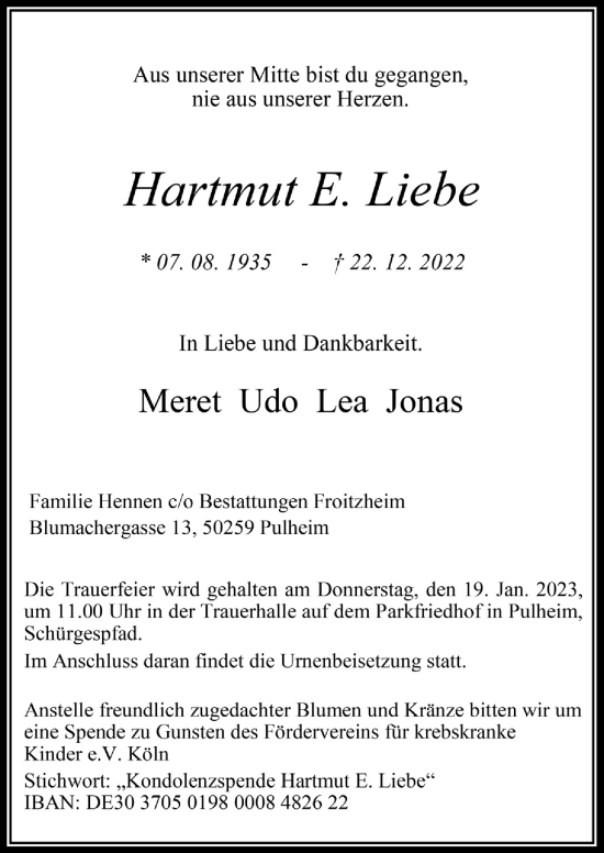 Anzeige von Hartmut E. Liebe von  Wochenende 