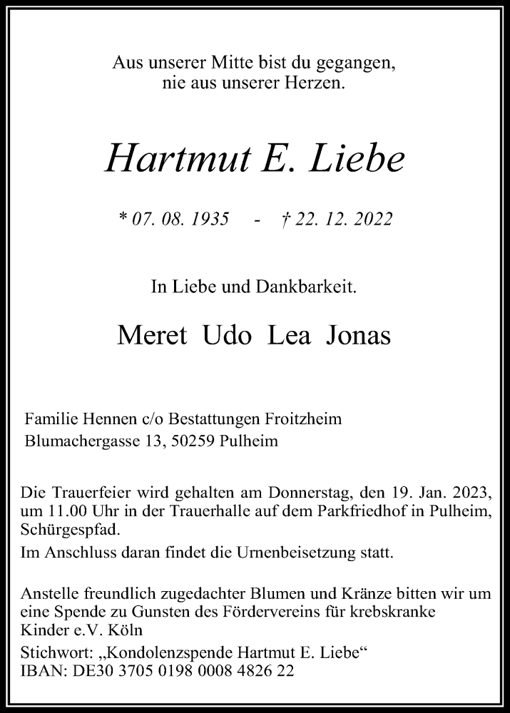  Traueranzeige für Hartmut E. Liebe vom 07.01.2023 aus Kölner Stadt-Anzeiger / Kölnische Rundschau / Express