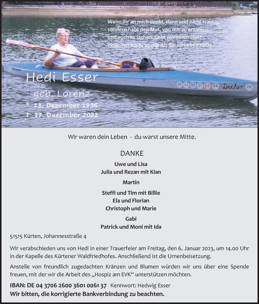  Traueranzeige für Hedi Esser vom 04.01.2023 aus Kölner Stadt-Anzeiger / Kölnische Rundschau / Express