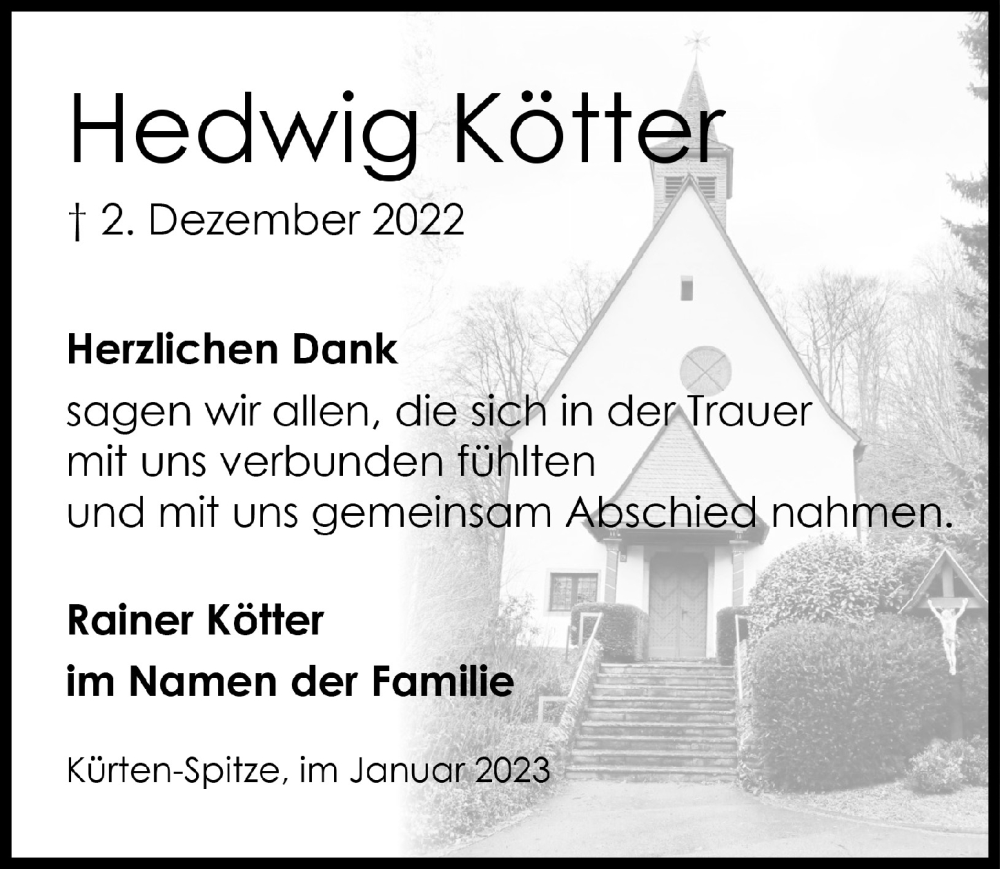  Traueranzeige für Hedwig Kötter vom 13.01.2023 aus  Bergisches Handelsblatt 