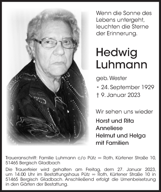 Anzeige von Hedwig Luhmann von  Bergisches Handelsblatt 