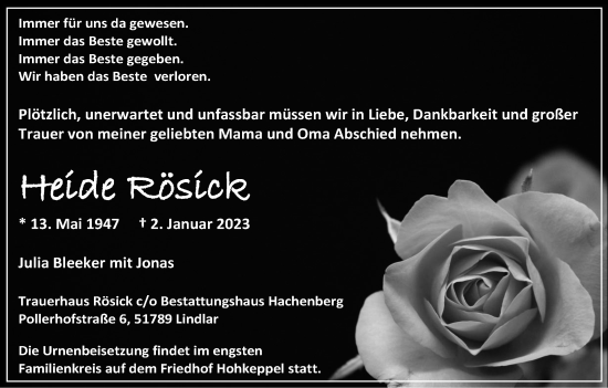 Anzeige von Heide Rösick von Kölner Stadt-Anzeiger / Kölnische Rundschau / Express