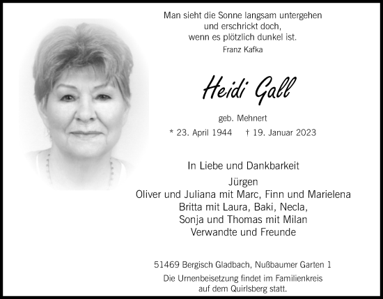Anzeige von Heidi Gall von Kölner Stadt-Anzeiger / Kölnische Rundschau / Express