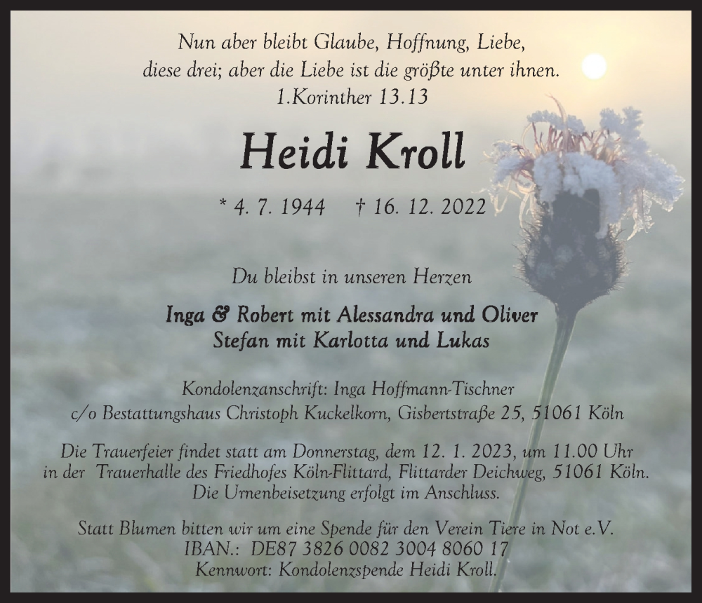  Traueranzeige für Heidi Kroll vom 07.01.2023 aus Kölner Stadt-Anzeiger / Kölnische Rundschau / Express