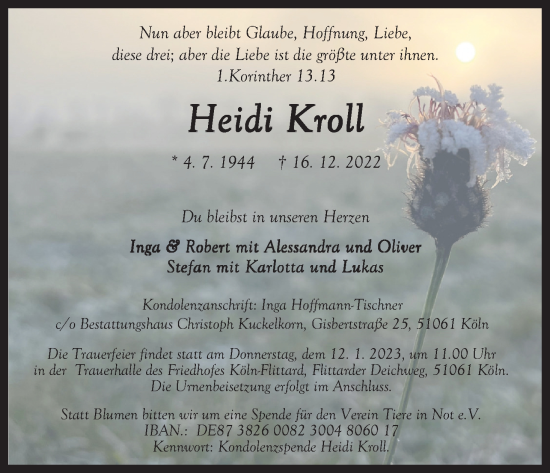 Anzeige von Heidi Kroll von Kölner Stadt-Anzeiger / Kölnische Rundschau / Express