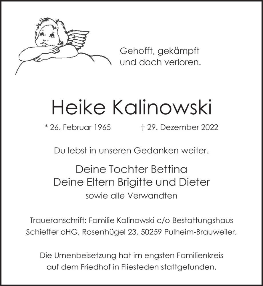  Traueranzeige für Heike Kalinowski vom 13.01.2023 aus  Werbepost 