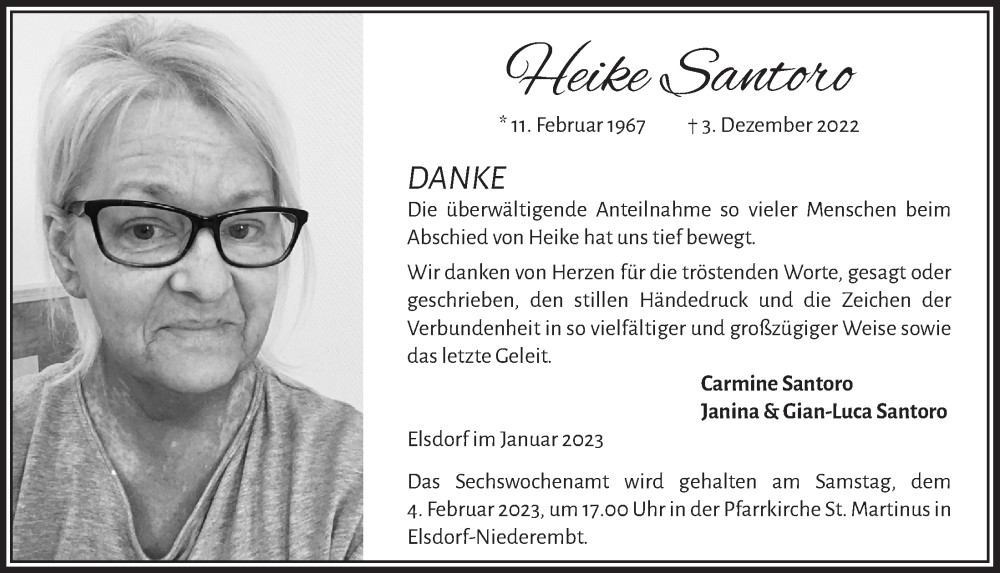  Traueranzeige für Heike Santoro vom 13.01.2023 aus  Werbepost 