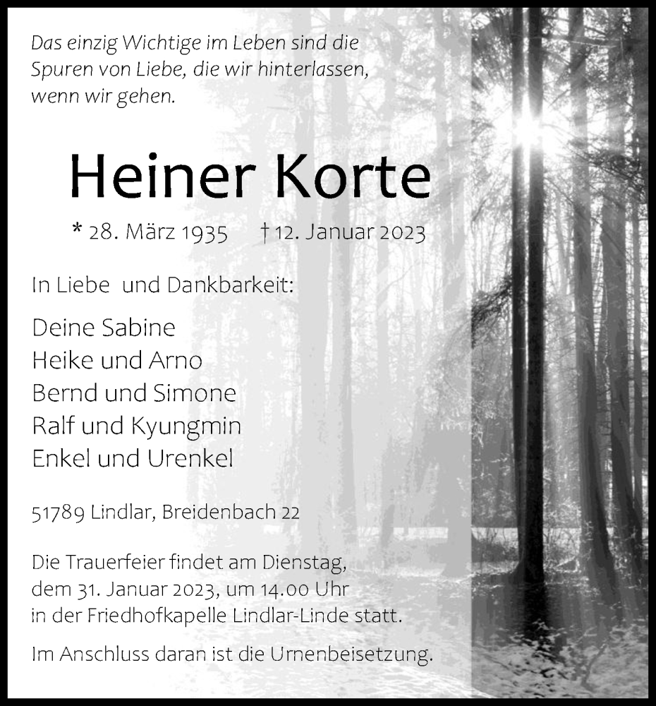  Traueranzeige für Heiner Korte vom 21.01.2023 aus Kölner Stadt-Anzeiger / Kölnische Rundschau / Express