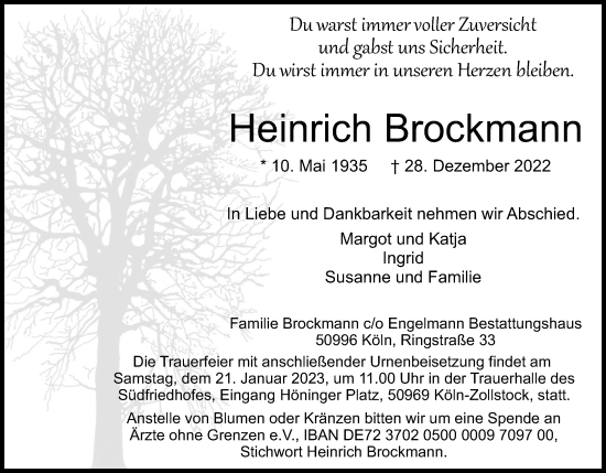 Anzeige von Heinrich Brockmann von Kölner Stadt-Anzeiger / Kölnische Rundschau / Express