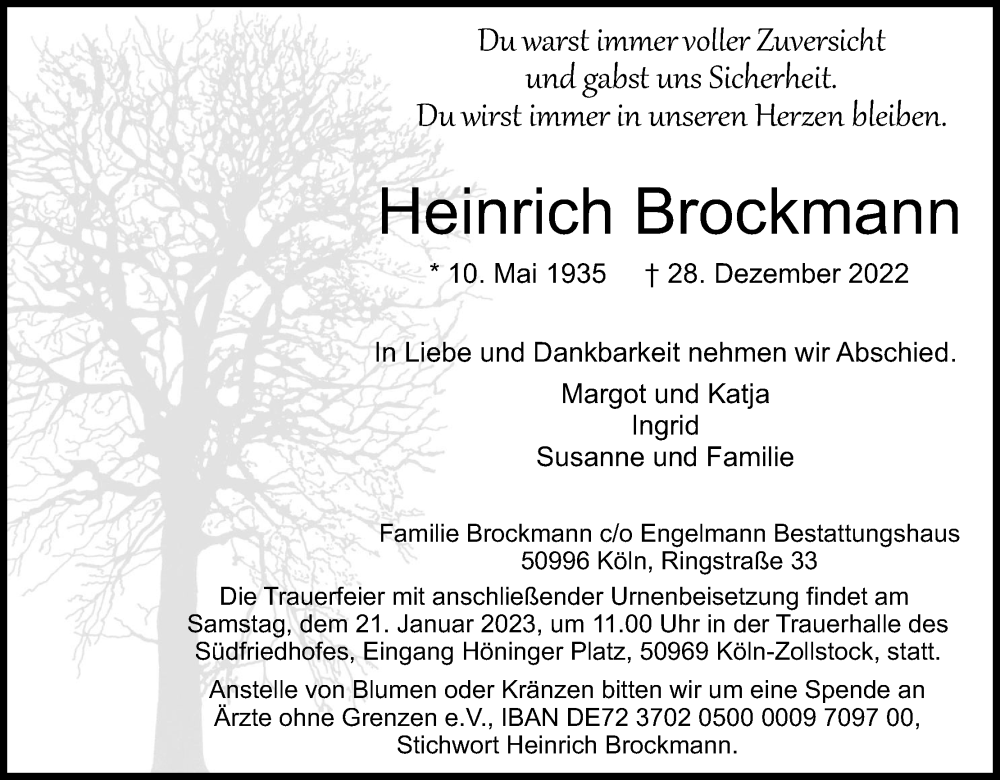  Traueranzeige für Heinrich Brockmann vom 14.01.2023 aus Kölner Stadt-Anzeiger / Kölnische Rundschau / Express