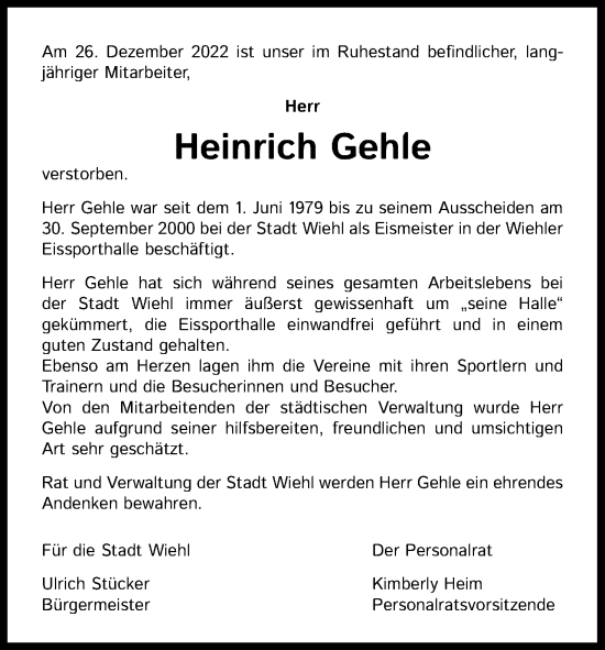 Anzeige von Heinrich Gehle von Kölner Stadt-Anzeiger / Kölnische Rundschau / Express