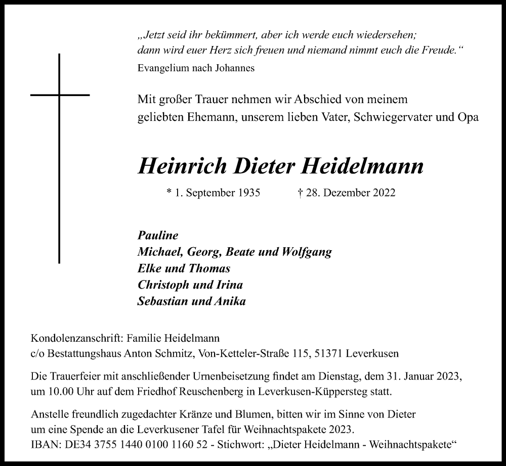  Traueranzeige für Heinrich Dieter Heidelmann vom 21.01.2023 aus Kölner Stadt-Anzeiger / Kölnische Rundschau / Express