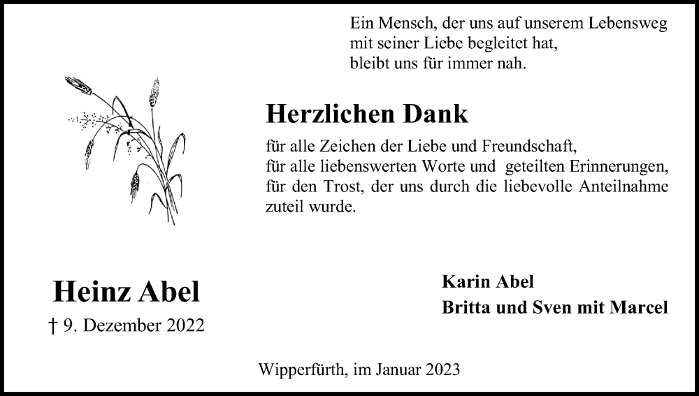  Traueranzeige für Heinz Abel vom 07.01.2023 aus Kölner Stadt-Anzeiger / Kölnische Rundschau / Express