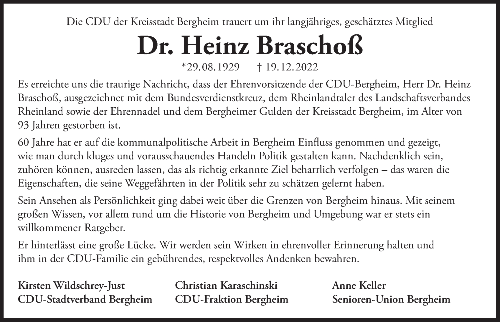  Traueranzeige für Heinz Braschoß vom 13.01.2023 aus  Werbepost 