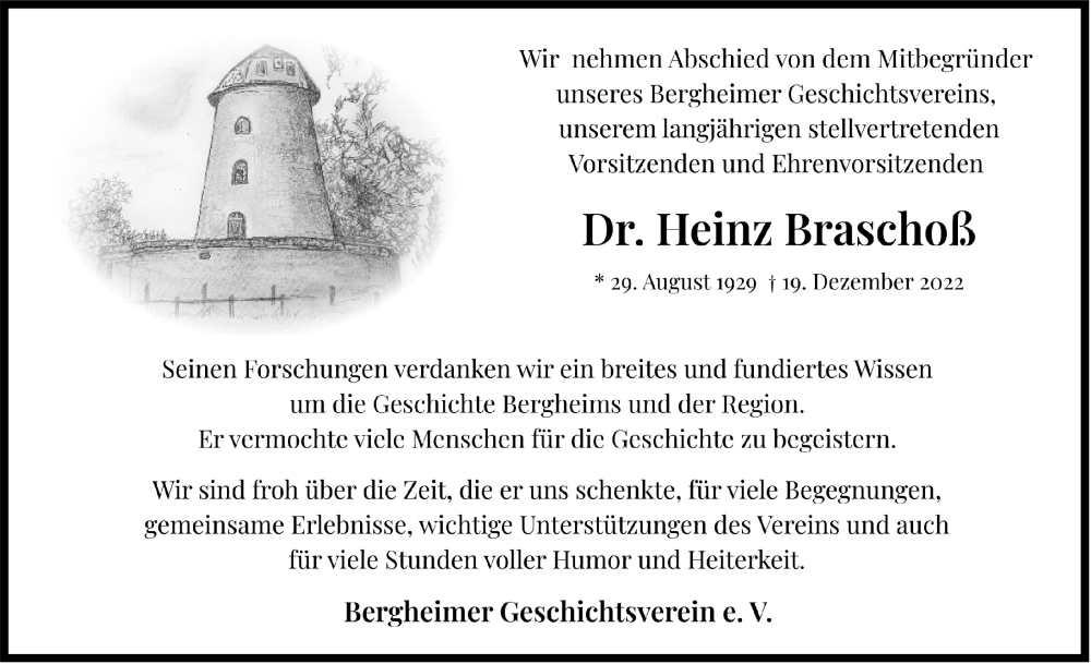  Traueranzeige für Heinz Braschoß vom 13.01.2023 aus  Werbepost 