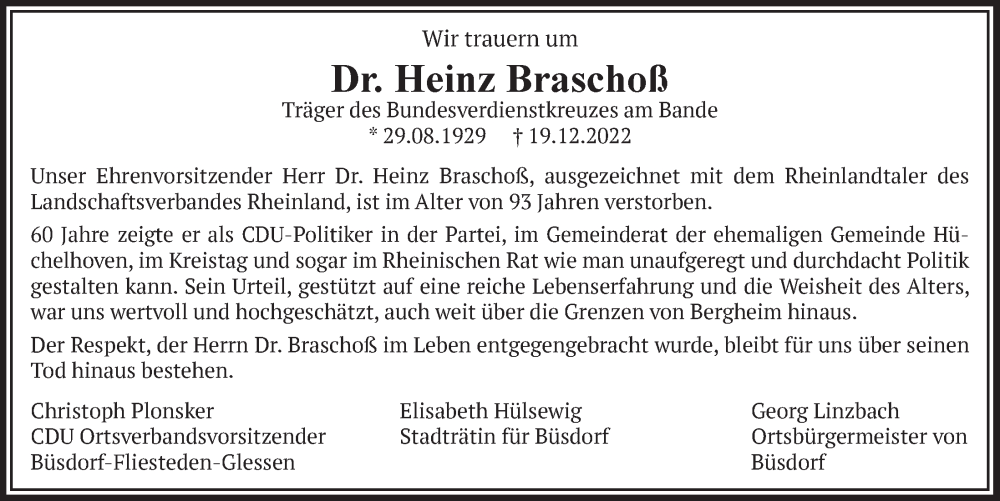  Traueranzeige für Heinz Braschoß vom 13.01.2023 aus  Werbepost 