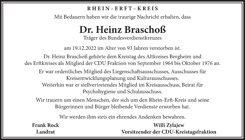  Traueranzeige für Heinz Braschoß vom 20.01.2023 aus  Wochenende  Schlossbote/Werbekurier  Werbepost 