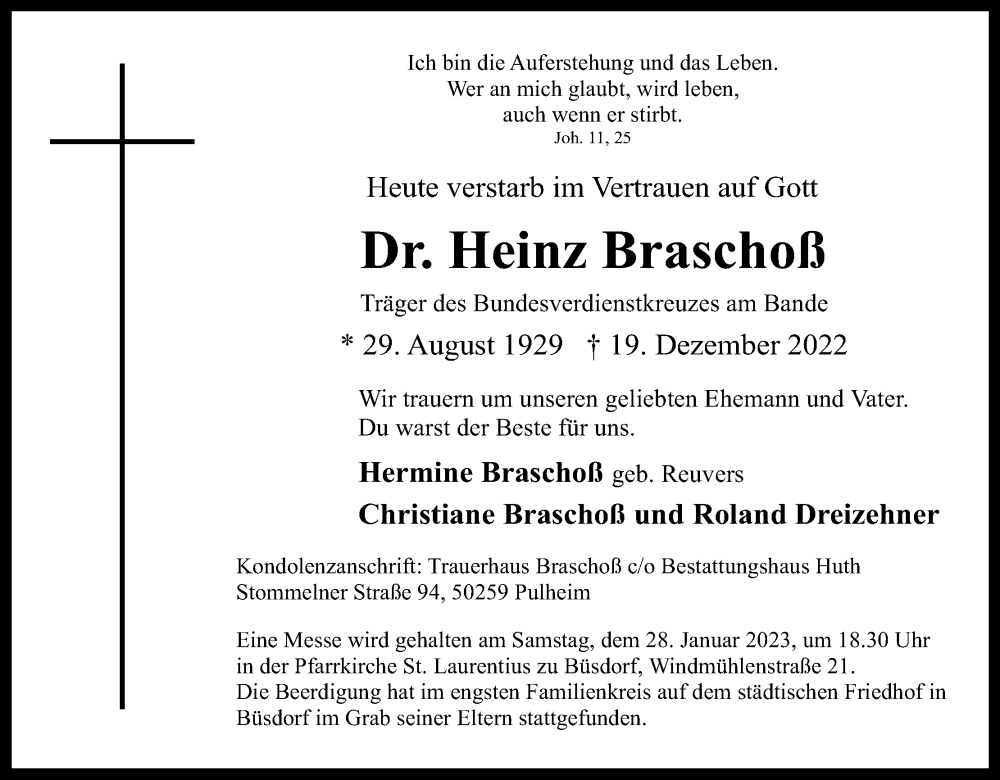  Traueranzeige für Heinz Braschoß vom 07.01.2023 aus Kölner Stadt-Anzeiger / Kölnische Rundschau / Express