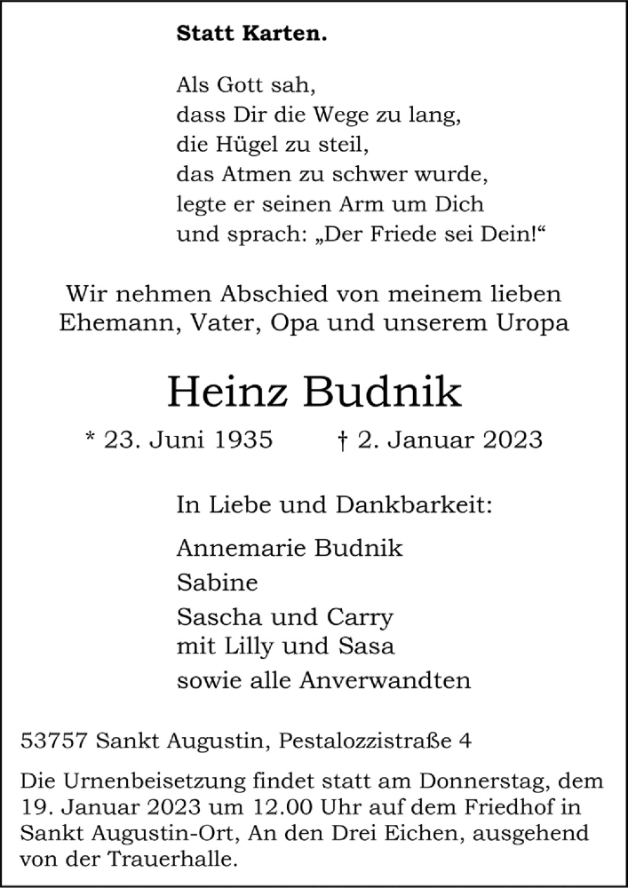  Traueranzeige für Heinz Budnik vom 13.01.2023 aus  Extra Blatt 