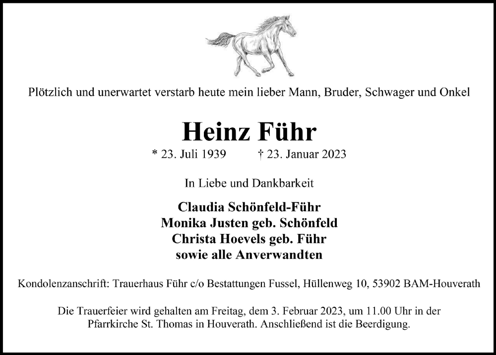  Traueranzeige für Heinz Führ vom 28.01.2023 aus  Blickpunkt Euskirchen 