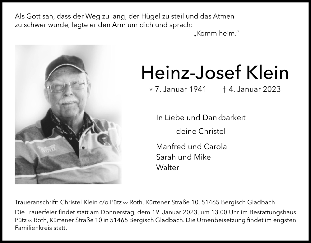  Traueranzeige für Heinz-Josef Klein vom 14.01.2023 aus Kölner Stadt-Anzeiger / Kölnische Rundschau / Express
