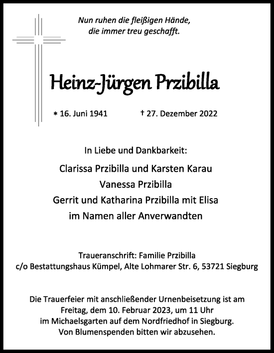 Anzeige von Heinz-Jürgen Przibilla von Kölner Stadt-Anzeiger / Kölnische Rundschau / Express