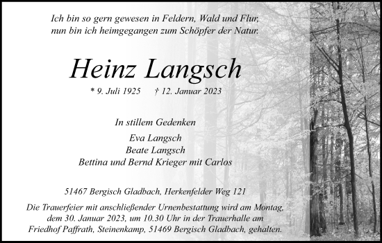 Anzeige von Heinz Langsch von Kölner Stadt-Anzeiger / Kölnische Rundschau / Express